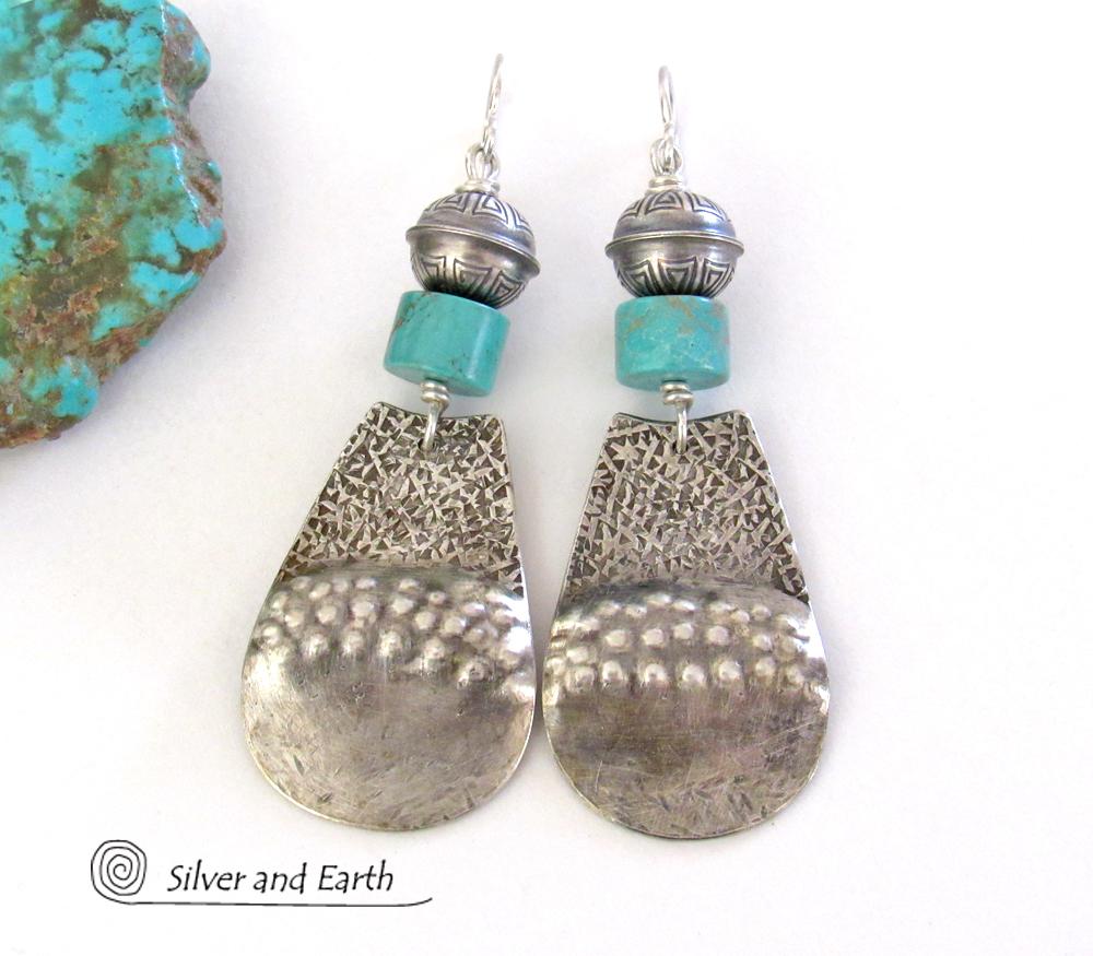 Stamped Sterling Silver & Turquoise Earrings Southwest Silver Jewelry